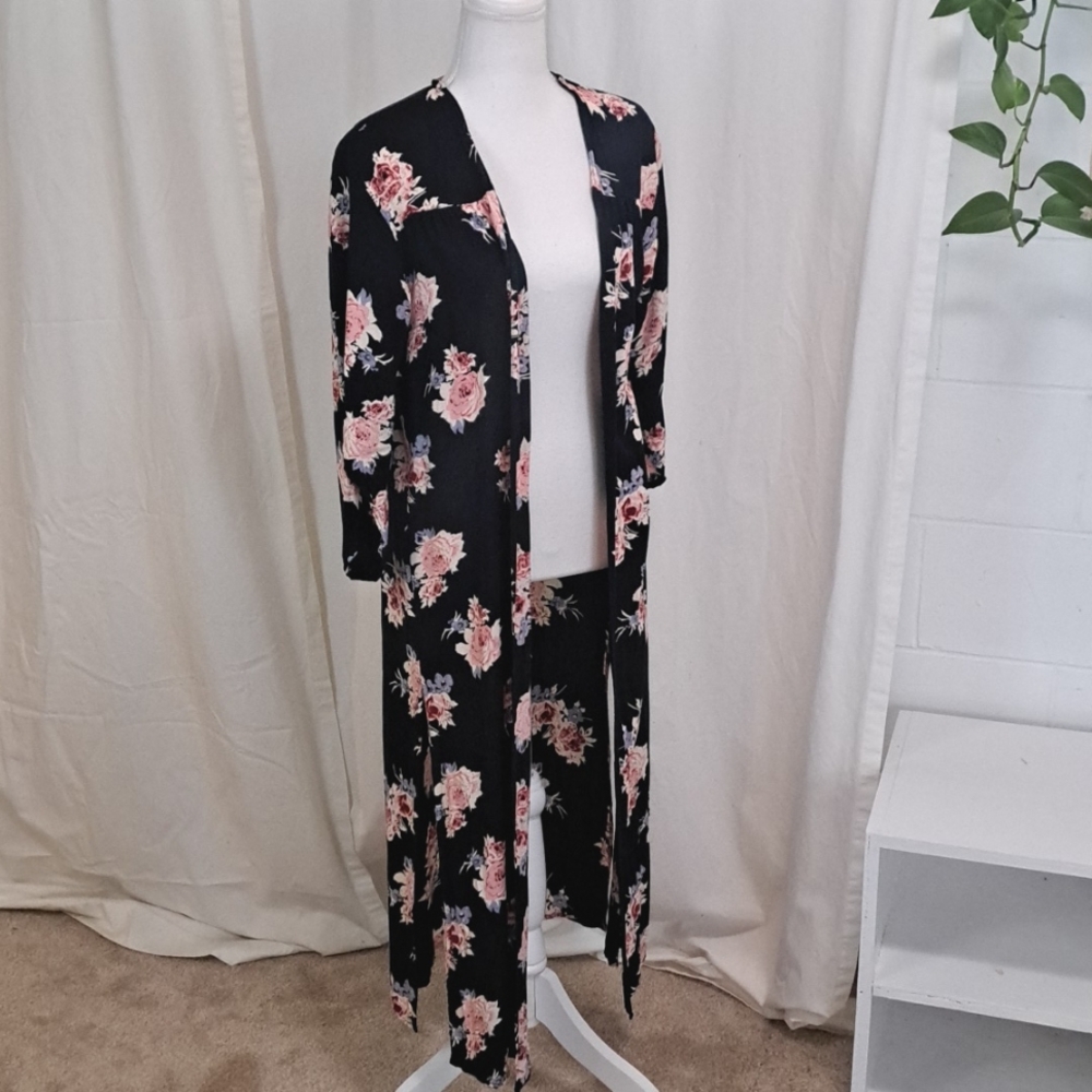 Angie long rayon floral open front duster szS